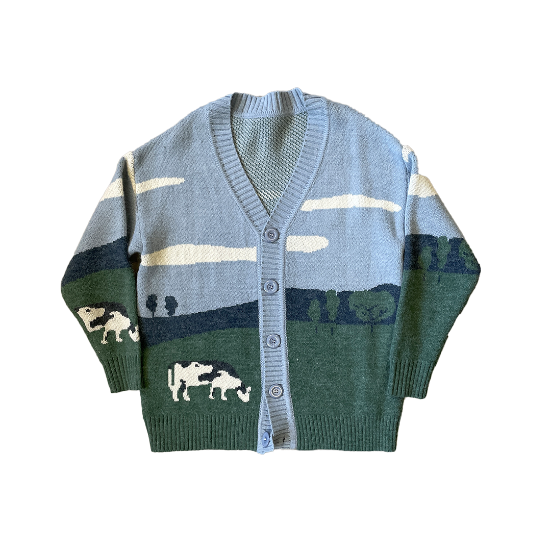 Size Large Blue Cow Knit Cardigan gullygarms