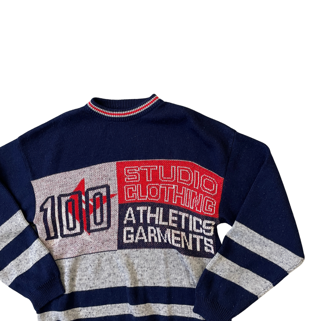 Size Medium Vintage Patterned Knit Navy Jumper