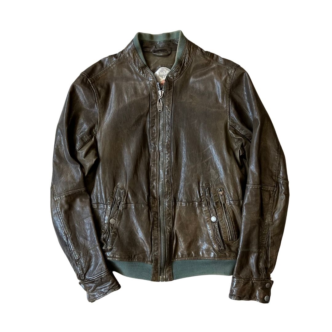 Size Small Diesel Green/Brown Leather Jacket